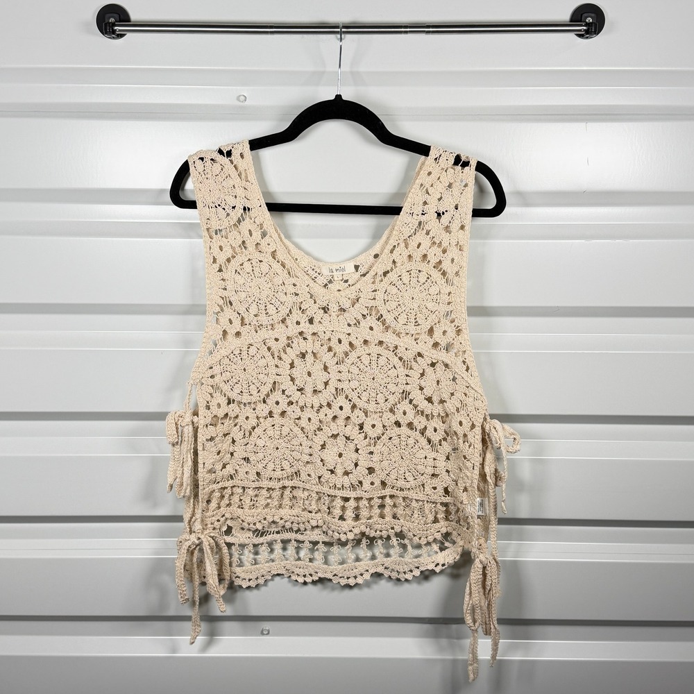 La Miel Crochet Tank Top Womens L Beige Side Tie Boho Festival